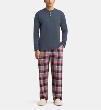 Pyjama long col tunisien en jersey et flanelle - Mariner - Gris et rouge