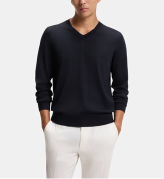 Pull à col V en laine mérinos extra fine - BOSS - Bleu foncé