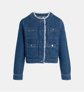 Veste droite courte effilochée coton denim - Karl Lagerfeld - Bleu denim