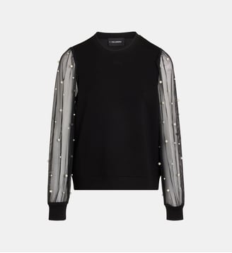 Sweat droit manches tulle perlées - Karl Lagerfeld - Black