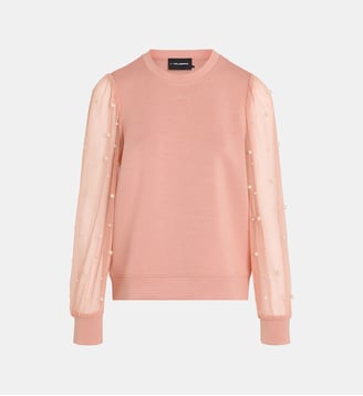 Sweat droit manches tulle perlées - Karl Lagerfeld - Misty rose