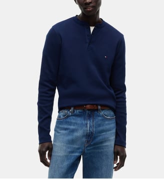 T-shirt droit Henley gaufrée - Tommy Hilfiger - Bleu marine