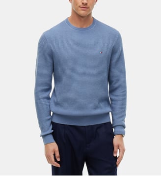 Pull col rond en maille structurée coton pima et cachemire - Tommy Hilfiger - Bleu chiné