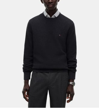 Pull col rond en maille structurée coton pima et cachemire - Tommy Hilfiger - Anthracite