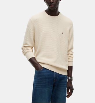 Pull col rond en maille structurée coton pima et cachemire - Tommy Hilfiger - Écru