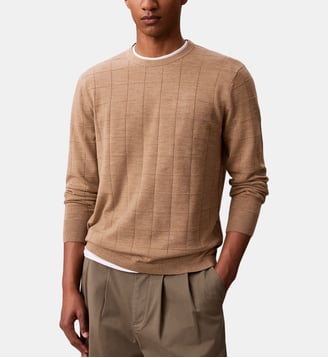 Pull droit laine mérinos à carreaux - Calvin Klein - Camel