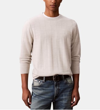 Pull droit laine mérinos à carreaux - Calvin Klein - Écru