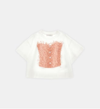 T-shirt à franges et boutons - Monnalisa - Écru et rose