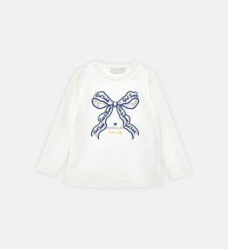 T-shirt manches longues coton stretch à ruban - Monnalisa - Blanc et bleu