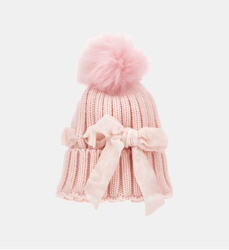 Bonnet à nœud et pompon - Monnalisa - Rose clair