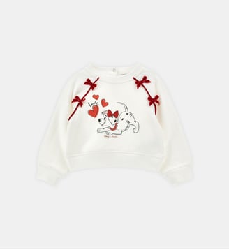 Sweat ample coton imprimé chiot à nœuds - Monnalisa - Blanc et rouge