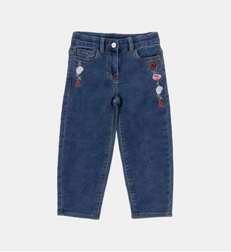 Jean cinq poches à broderies florales - Monnalisa - Bleu