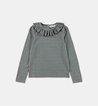 T-shirt marinière manches longues col volanté - Molo - Vert et blanc
