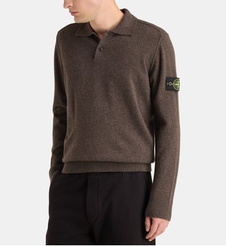Polo signature manches longues en laine vierge - Stone Island - Marron foncé