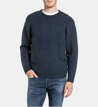 Pull droit en maille torsadée - Replay - Bleu foncé