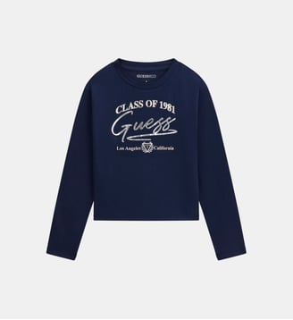 T-shirt à manches longues droit en coton imprimé signature - Guess - Bleu