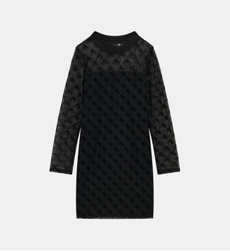 Robe droite en dentelle manches longues - Guess - Noir et transparent
