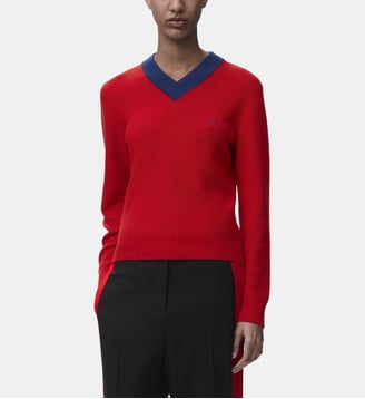Pull droit col V en coton mélangé signature - Loewe - Rouge et bleu