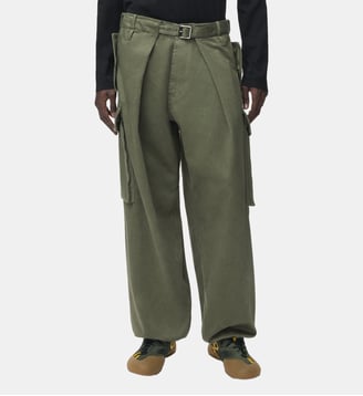 Pantalon cargo droit en coton et cuir - Loewe - Kaki