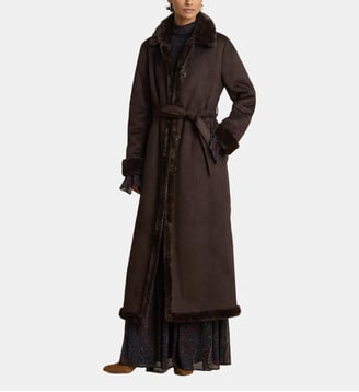 Manteau maxi ceinturé fausse peau lainée - Lauren Ralph Lauren - Chocolat