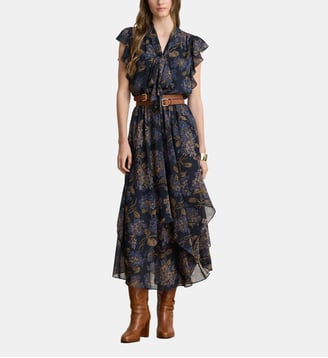 Robe lavallière en georgette froissée - Lauren Ralph Lauren - Multi bleu