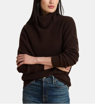Pull droit col roulé côtelé laine et cachemire - Lauren Ralph Lauren - Chocolat