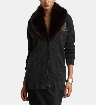 Pull en laine à col châle boutonné - Lauren Ralph Lauren - Gris foncé
