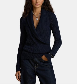 Pull col châle en maille torsadée - Lauren Ralph Lauren - Bleu foncé