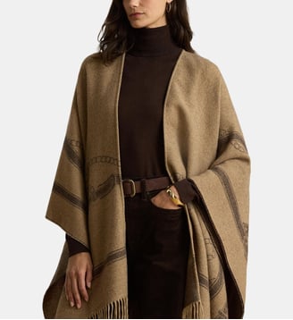 Poncho en laine mélangée imprimé - Lauren Ralph Lauren - Camel