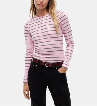 T-shirt slim manches longues coton stretch - Tommy Hilfiger - Rose et noir