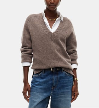 Pull col V Soft laine - Tommy Hilfiger - Beige foncé