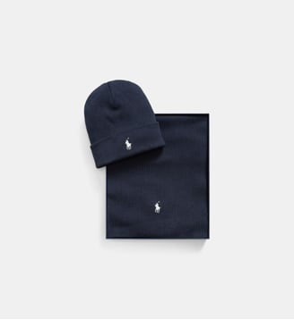 Coffret bonnet et écharpe en coton côtelé - Polo Ralph Lauren - Bleu marine