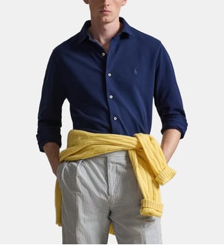 Chemise droite ultra légère en coton piqué signature - Polo Ralph Lauren - Bleu marine
