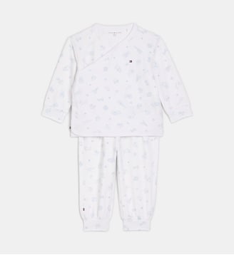 Ensemble 3 pièces pyjama et bonnet Newborn coton - Tommy Hilfiger - Blanc et bleu clair