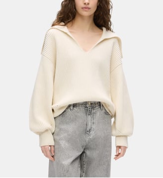 Pull col V large en maille épaisse - Karl Lagerfeld - Beige clair