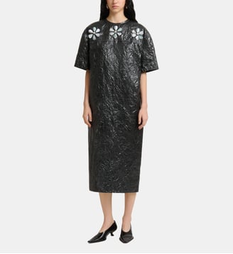 Robe droite en taffetas froncé à motifs de marguerites - Marni - Black