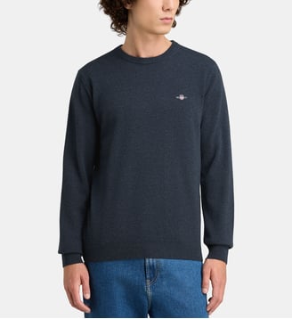 Pull droit en laine à col rond - Gant - Bleu marine chiné