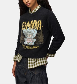 Pull droit en laine imprimé signature - Ganni - Gris foncé