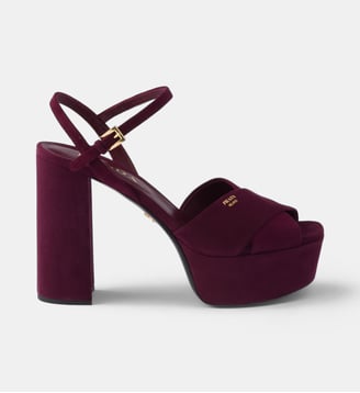 Sandales compensées en veau velours - Prada - Bordeaux