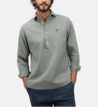 Polo en coton et lin à col italien - El Ganso - Vert gris