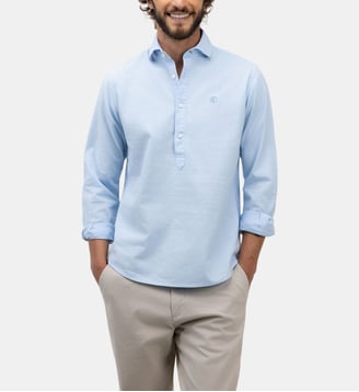 Polo à col italien en coton et lin - El Ganso - Bleu