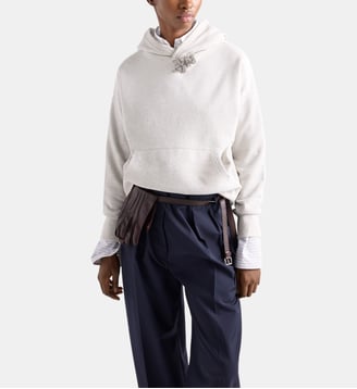 Sweat à capuche en molleton de coton avec broche bijou - Prada - Gris