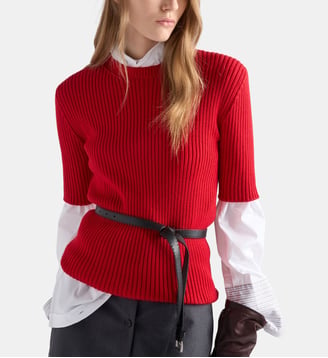 Pull en maille côtelée en laine à manches courtes - Prada - Rouge