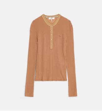 Pull ajusté henley en maille superfine soie et laine - Chloé - Café au lait