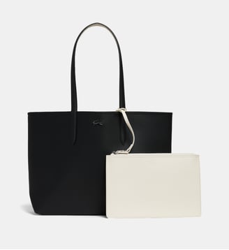Sac shopping Anna réversible piqué et pochette - Lacoste - Noir et blanc