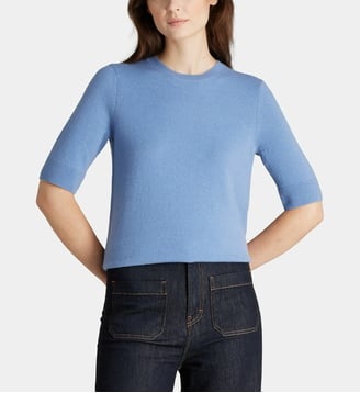 Pull droit Difi manches courtes en cachemire - Galeries Lafayette - Bleu azur
