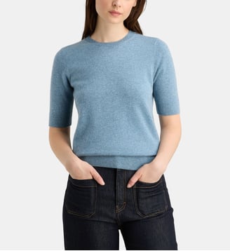 Pull droit Difi manches courtes en cachemire - Galeries Lafayette - Bleu canard