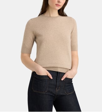 Pull droit Difi manches courtes en cachemire - Galeries Lafayette - Beige moyen