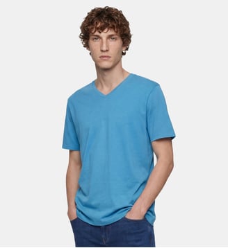 T-shirt Sishev droit coton biologique col V - Galeries Lafayette - Bleu algue marine