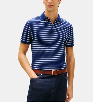 Polo droit en coton logo flag - Tommy Hilfiger - Bleu marine chiné